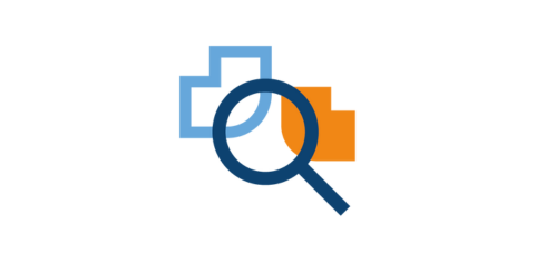 A digital graphic of two angular shapes with a magnifying glass over them
