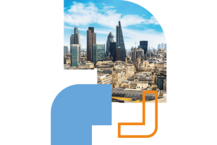 An image of the London skyline within a curved angular shape