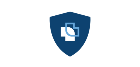 A digital graphic of a shield with two angular shapes forming a medical cross emblem