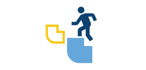 Two angular shapes in the form of ascending stairs with a figure of a person walking up them