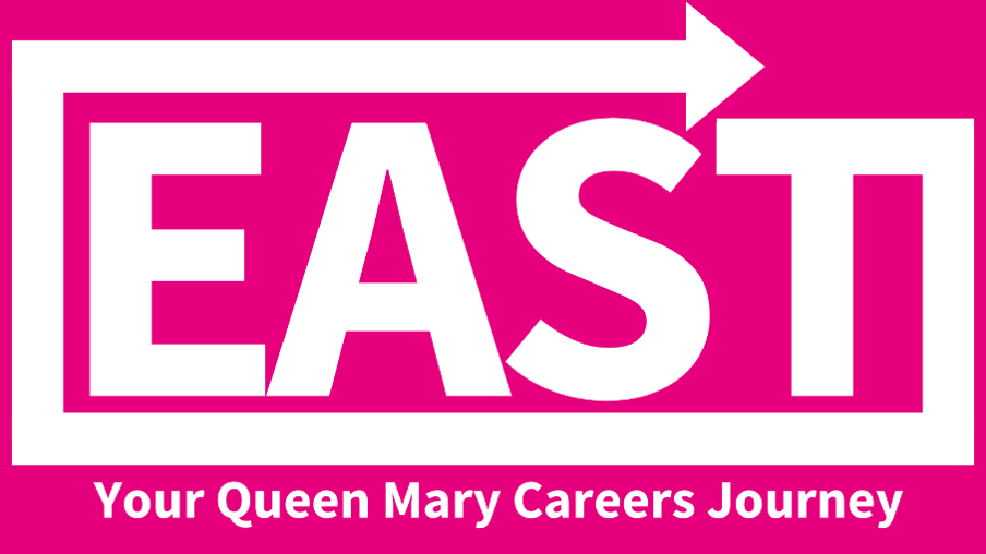 EAST logo in white text with Your Queen Mary Careers Journey underneath in white text