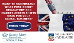 An image of an eraser rubbing out a bridge between the UK and EU flags with a message to the side reading: 'Want to understand what post-brexit regulatory and market-access shifts mean for your global business? Enroll today