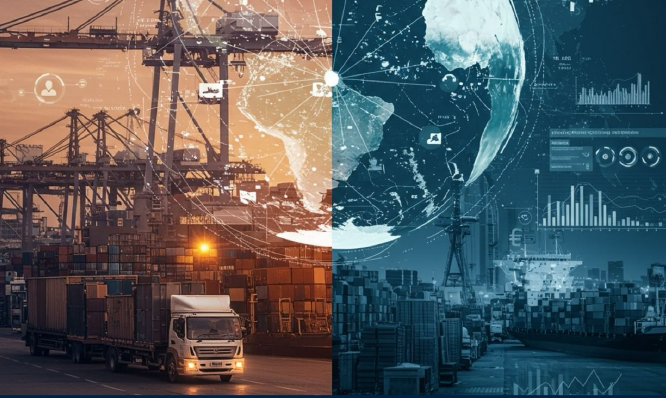 Image of lorry contrasting with the globe