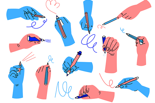 Graphics of hands holding pens and pencil