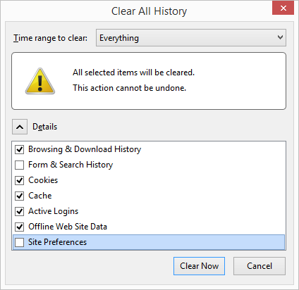 Select Browsing & Download History, Cookies, Cache, Active Logins and Offline Web Site Data.