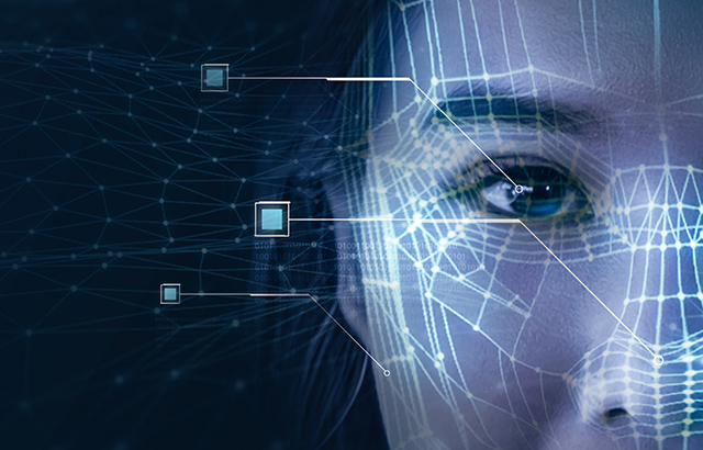 A close up of the top left corner of a woman's face. It is covered in connected dots, with lines pointing to squares coming off her eye and nose.