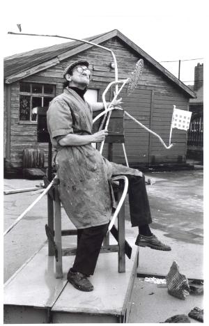 Hinchliffe posing with his art installation, Lina Garnade Foundation Course Exhibition, Southwark Community Education, 1991
