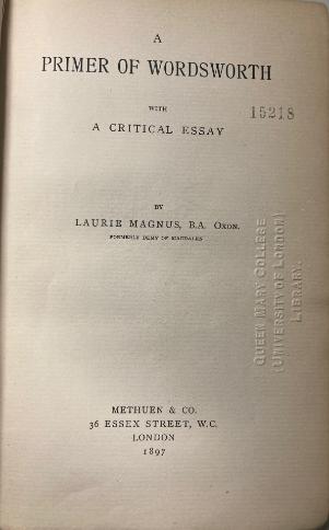 Title page of A primer of Wordsworth ; with a critical essay by Laurie Magnus 1897