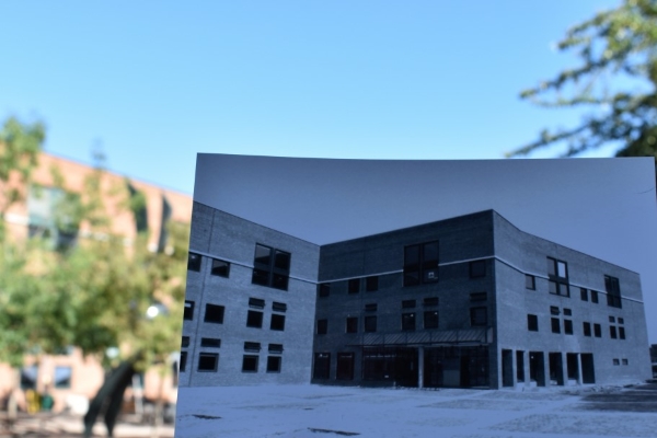 Mile End Library black and white photograph with a background of present day library lined up