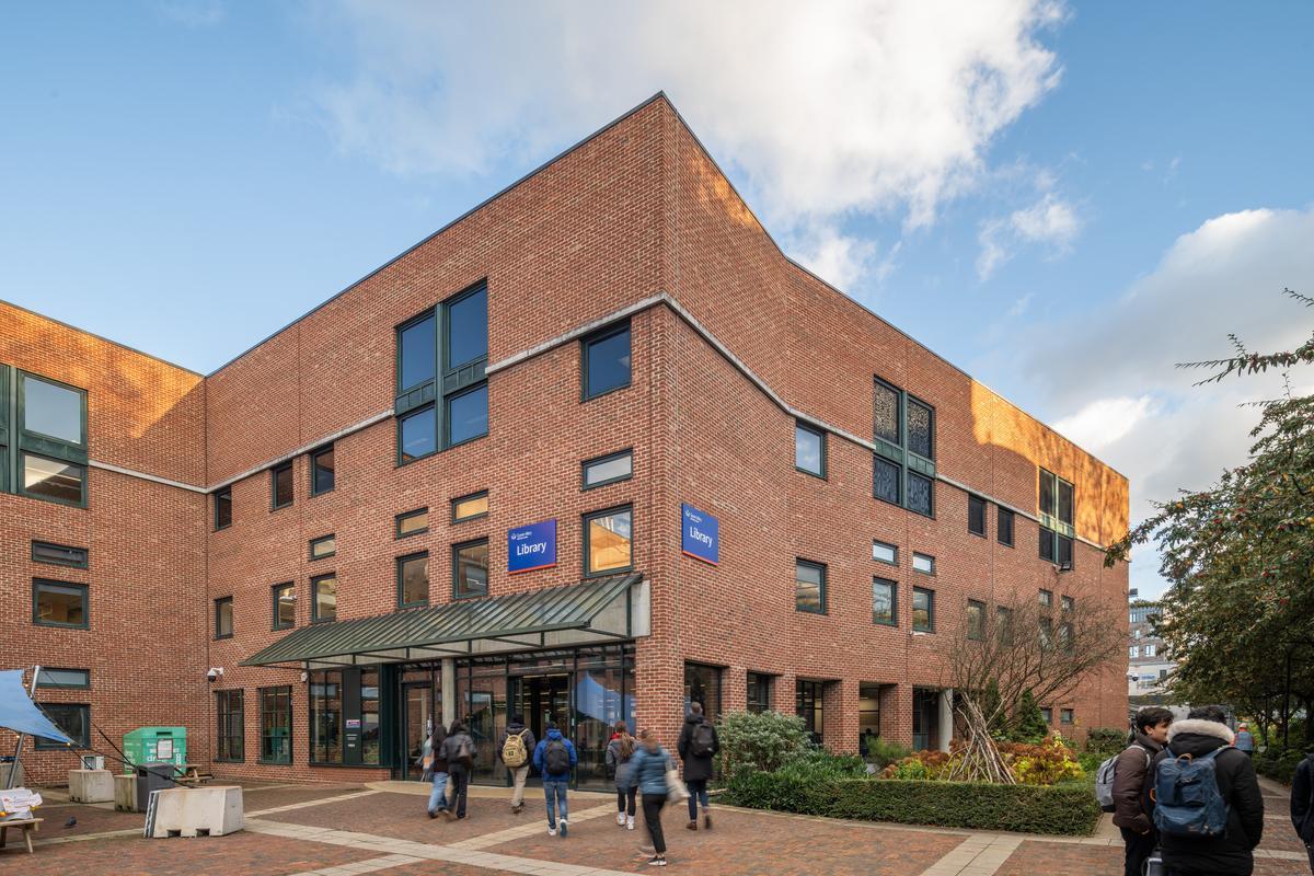 Front entrance of Mile End Library with students entering