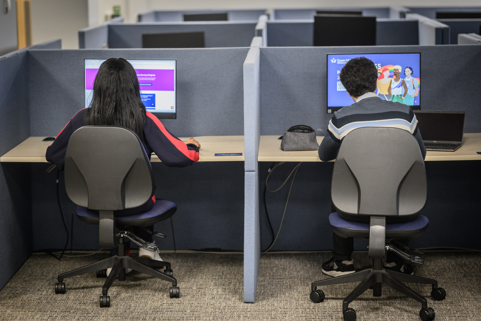 Two students working alone in individual study carrells