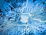Close up of a blue motherboard