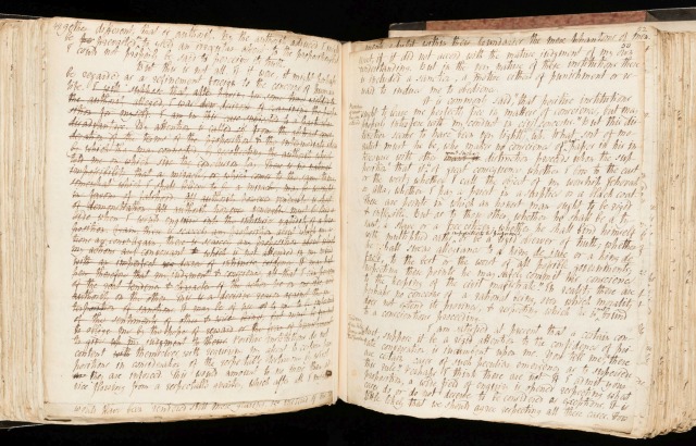 Manuscript of William Godwin's Political Justice, 1793, showing authorial revisions [Image courtesy of the V&A]