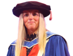 Picture of Cathy in blue graduation gown and black felt graduation hat