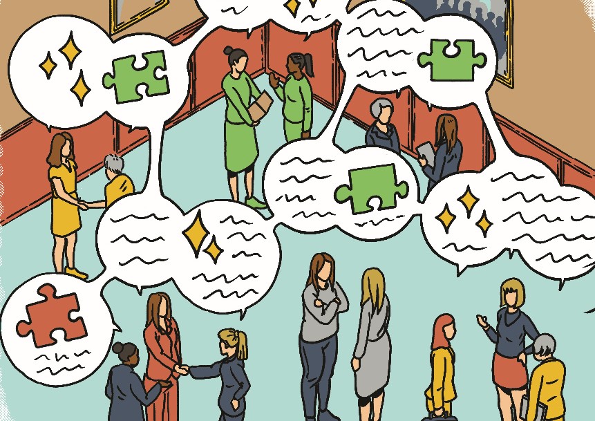 An illustration of a group of women meeting and talking together