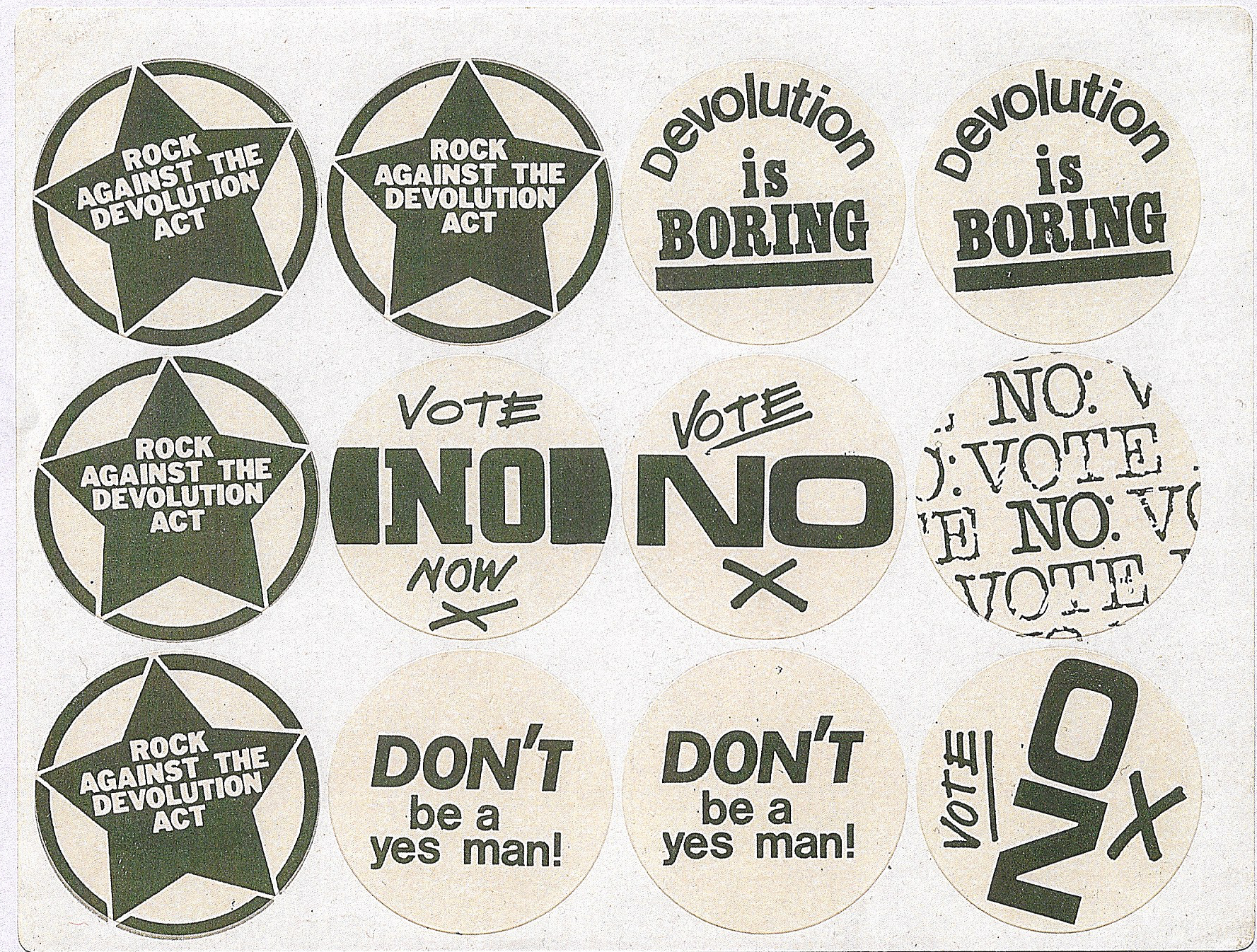 Selection of 'Vote No' stickers from 1979 Referendum, including a 'Rock against the Devolution Act' sticker.