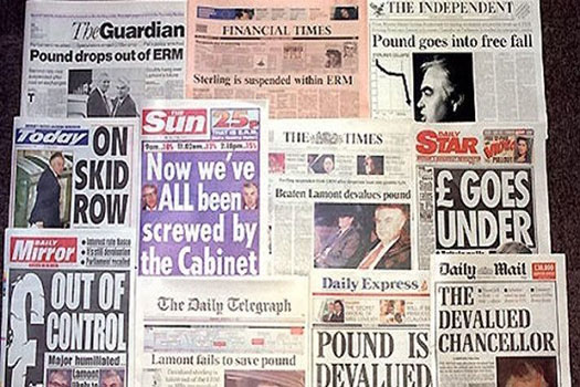 Photo of newspapers from 17 September 1992 showing the press's reaction to Black Wednesday when Britain withdrew from the ERM