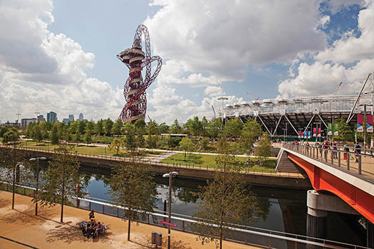 Photo of the London Stadium and the ArcelorMittal Orbit in the Olympic Park at Stratford