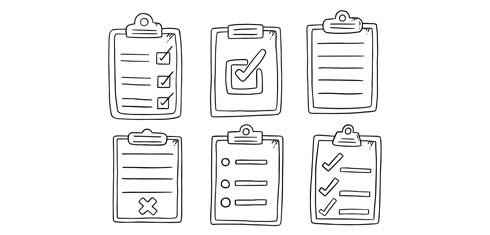 Illustrations of 6 clip boards with tick boxes