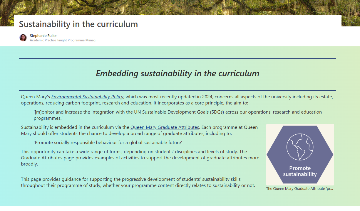 Screenshot of the Sustainability in the Curriculum Sharepoint HUB