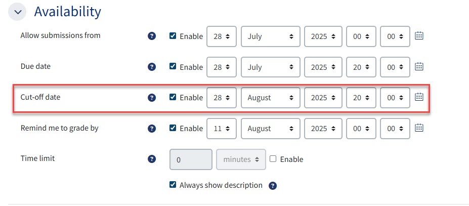 The availability section within the settings of a QMplus Module. The Cut-off date is highlighted.
