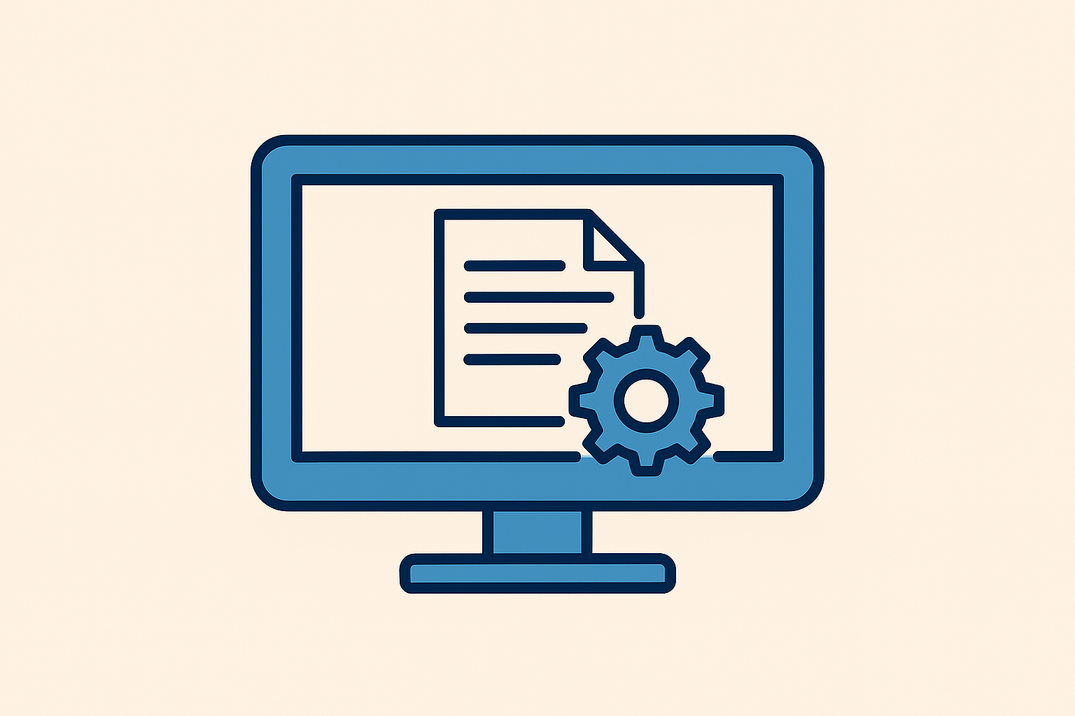 AI-generated image of a computer screen displaying a document icon and settings gear.