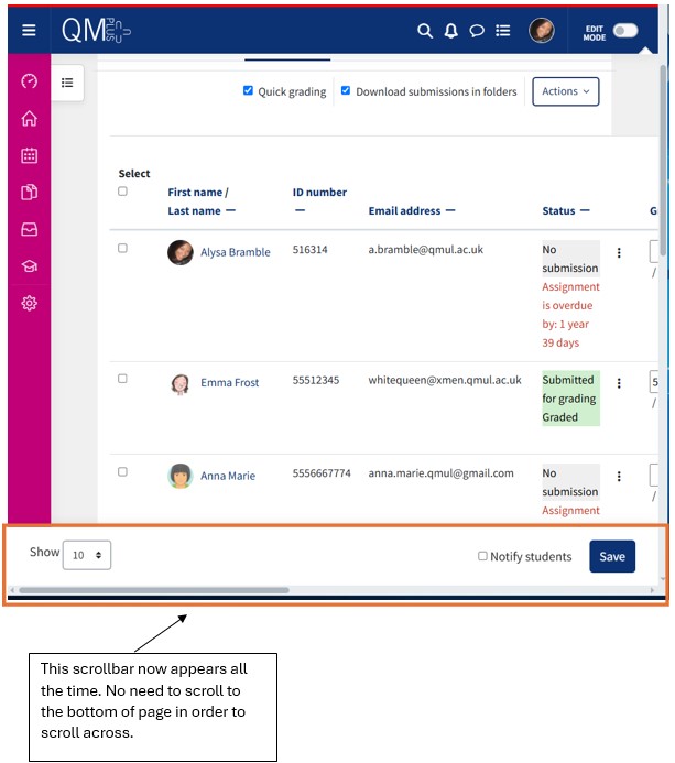 Gradebook scrollbar