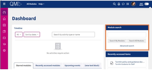 Screenshot of the QMplus dashboard module search